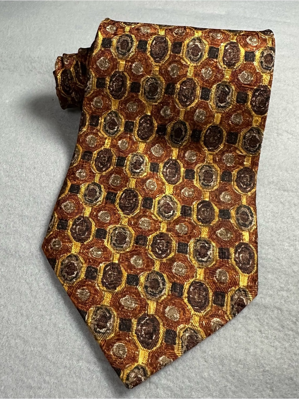 Vintage Fred Hayman Beverly Hills Silk Tie Brown Copper Geometric Medallion